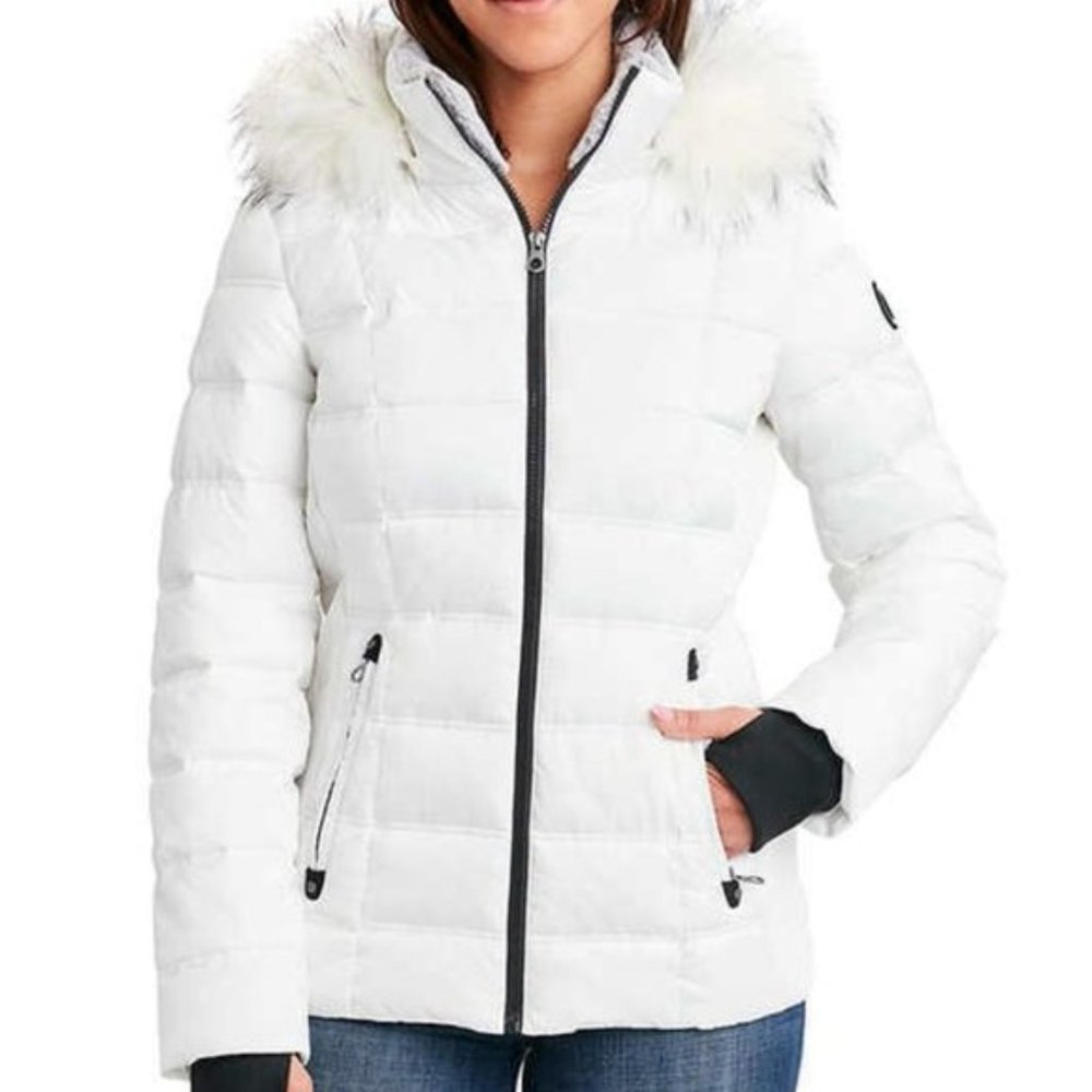 White Womens Faux Fur Trim Hooded Midweight Puffer Jacket Nautica